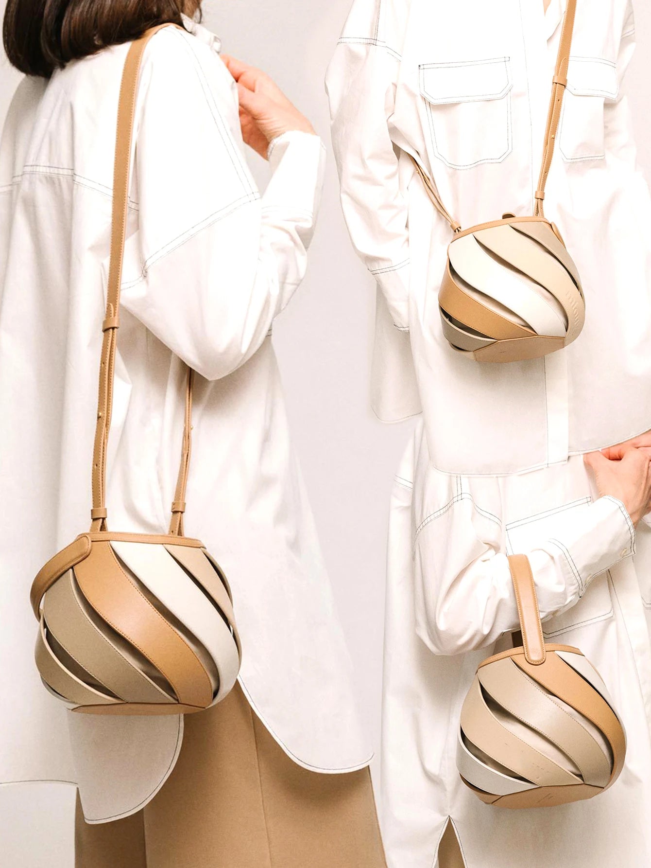 Swirl-Strap Faux-Leather Sphere Bag – Khaki, Blue, Rainbow & Macaroon