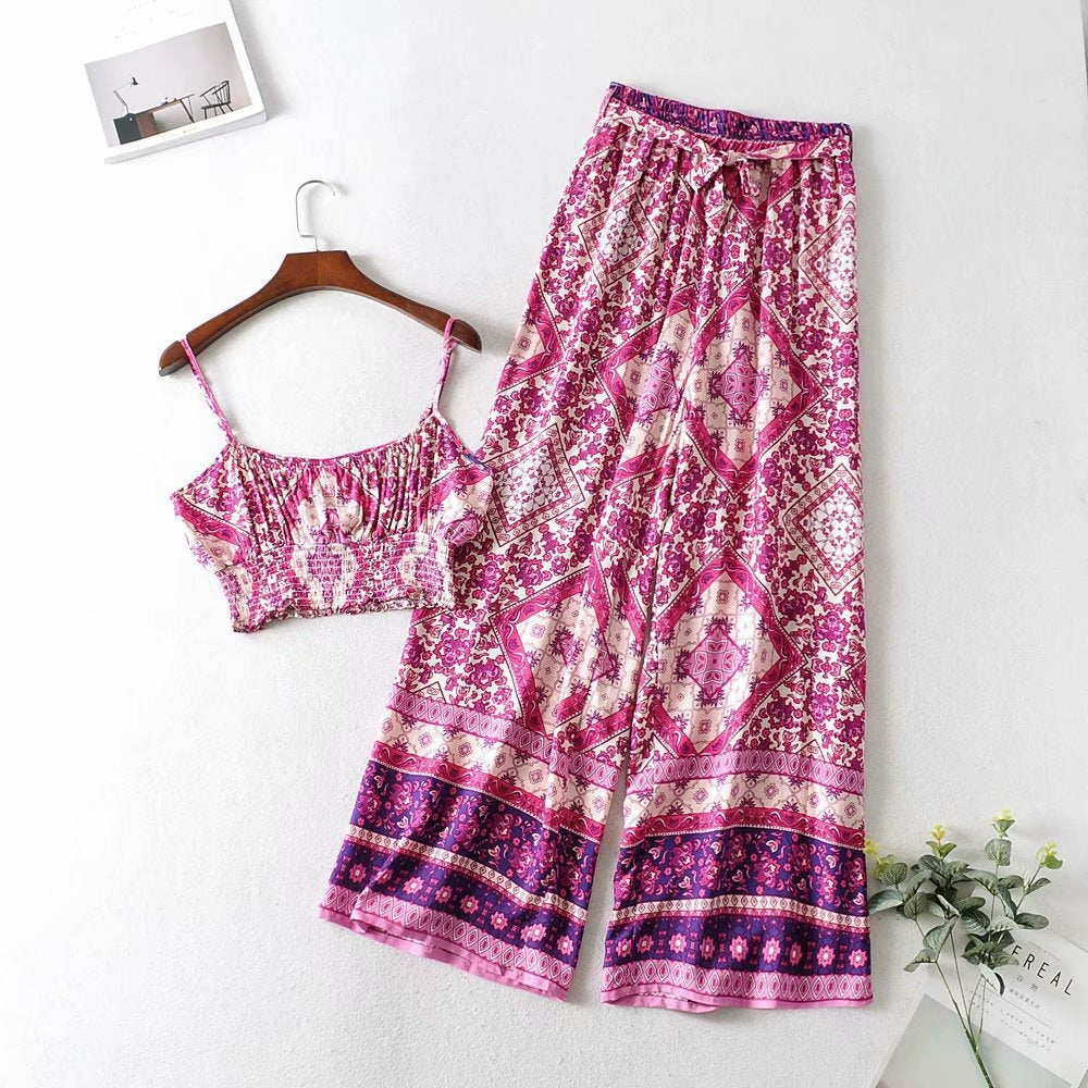 Vintage Pattern Two-piece Set with Wide Legged Pants and Cropped Camisole Top