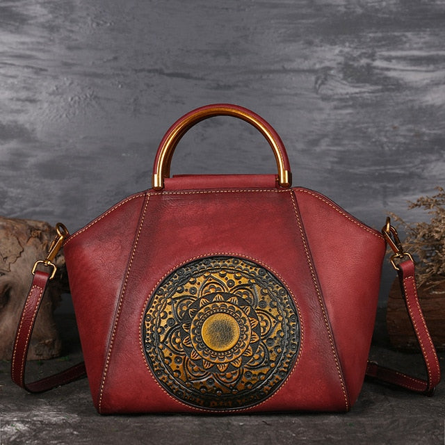 Vintage Embossed Leather Satchel – Available in Graphite Grey, Brown, and Red Bean Paste