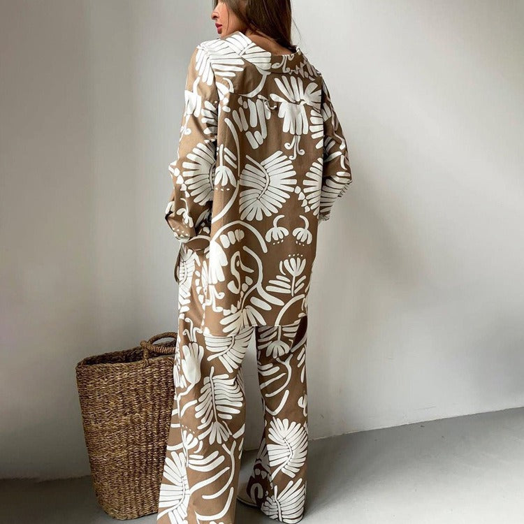 Floral Print Crop Top, Button-Up Shirt & Wide-Leg Pant Three-Piece Set