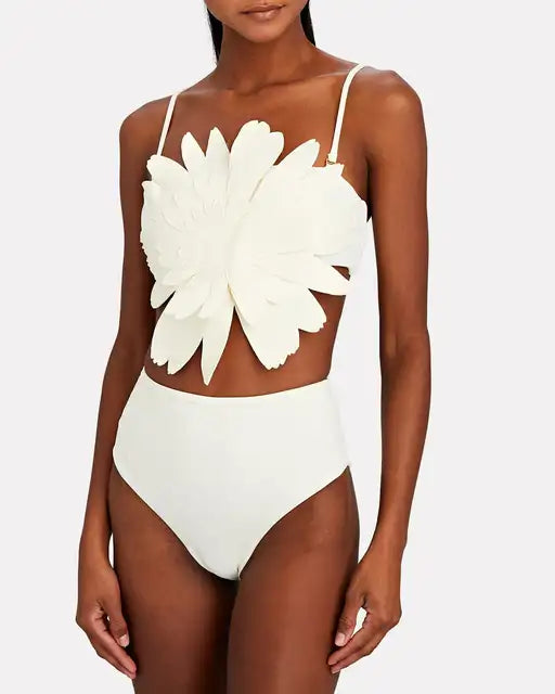 Botanical Bandeau Floral Appliqué High-Waist Bikini