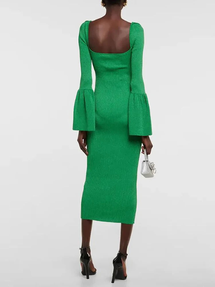 Emerald Cutout Ring-Detail Rib Midi Dress