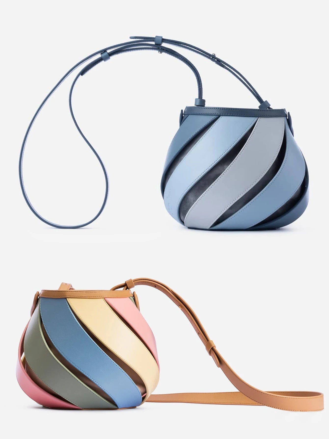 Swirl-Strap Faux-Leather Sphere Bag – Khaki, Blue, Rainbow & Macaroon