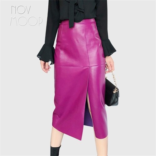 Sleek Genuine Leather Pencil Skirt with Front Slit – Available in Magenta Purple & Classic Black