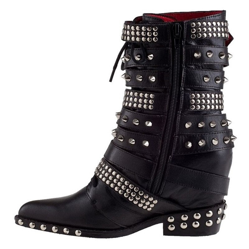 Studded Faux-Leather Mid-Calf Biker Boots- Low Heel & Mid Heel