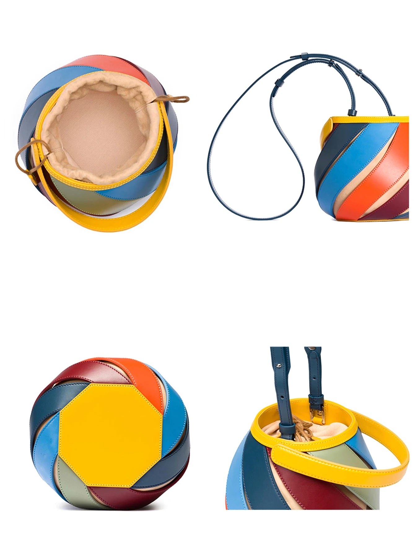 Swirl-Strap Faux-Leather Sphere Bag – Khaki, Blue, Rainbow & Macaroon