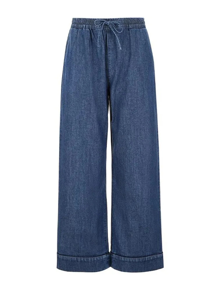 Denim Feather-Cuff Blazer & Wide-Leg Drawstring Pants Set