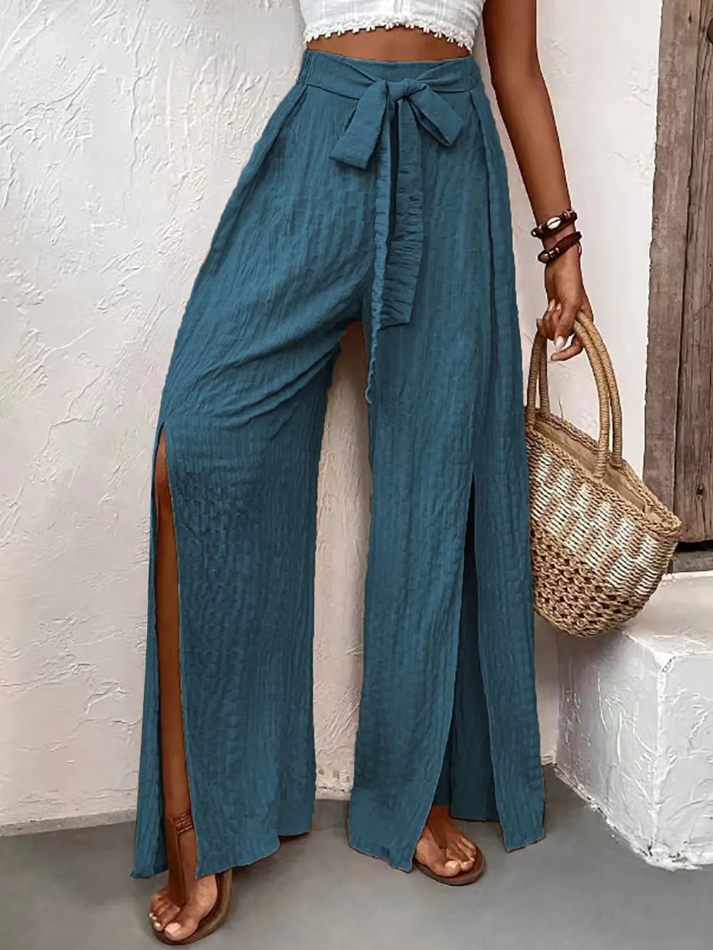 High-Waisted Wide-Leg Slit Pants with Self-Tie Waist (Black | Teal)