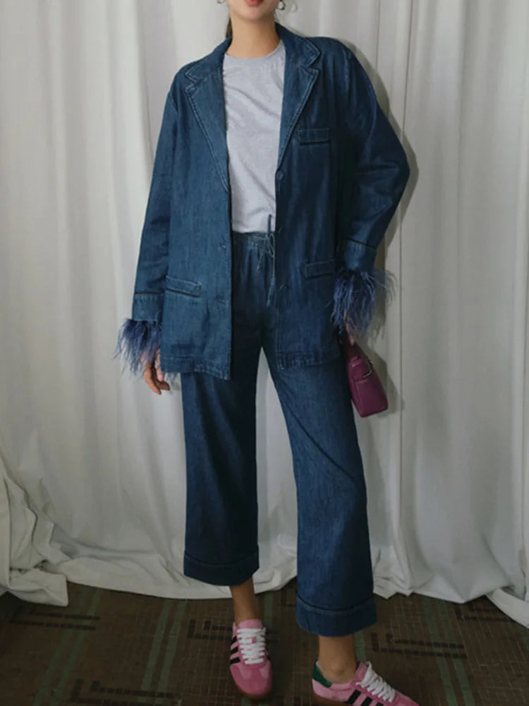 Denim Feather-Cuff Blazer & Wide-Leg Drawstring Pants Set