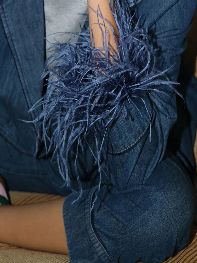 Denim Feather-Cuff Blazer & Wide-Leg Drawstring Pants Set
