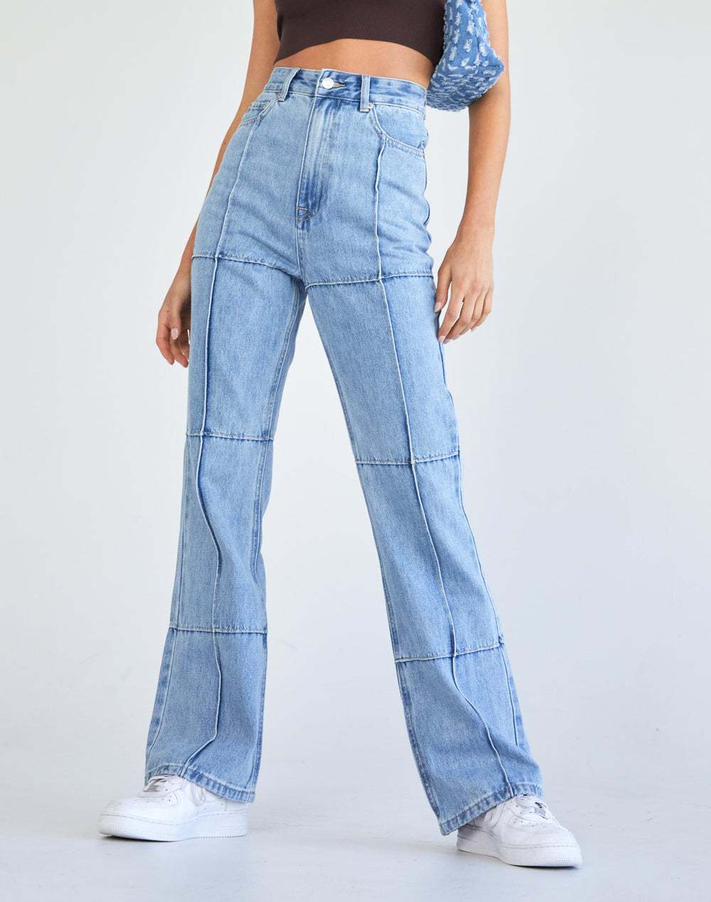 High-Waist Paneled Flare Jeans (Light Wash)