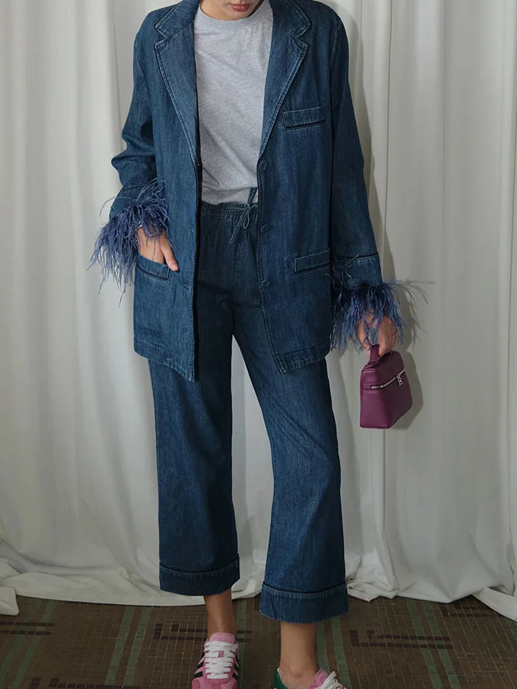 Denim Feather-Cuff Blazer & Wide-Leg Drawstring Pants Set