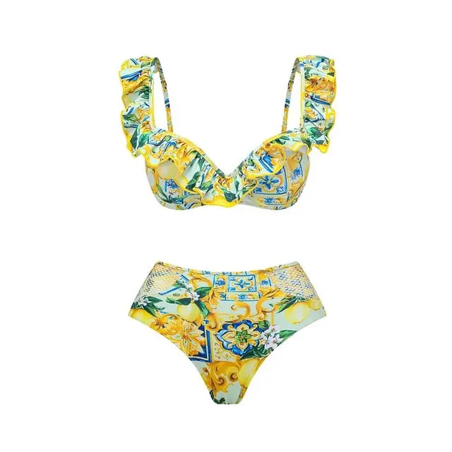 Sorrento Lemon Ruffle Bikini Set with Matching Sheer Skirt