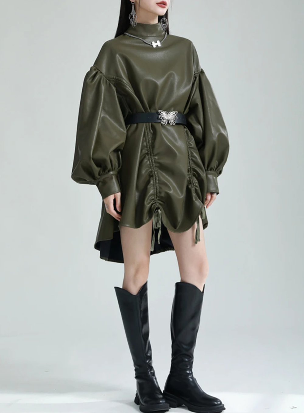 High Neck Green Leatherette Dress With Lantern Sleeves