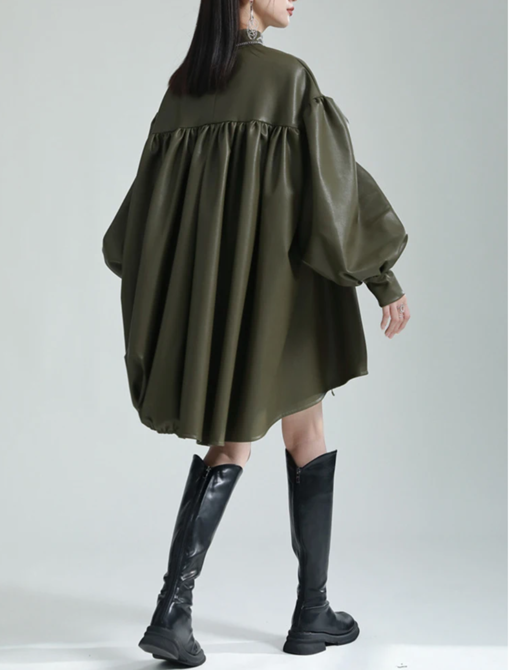 High Neck Green Leatherette Dress With Lantern Sleeves