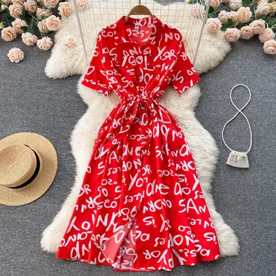 Beautiful Letter Print Single Breasted  Midi Long Dress