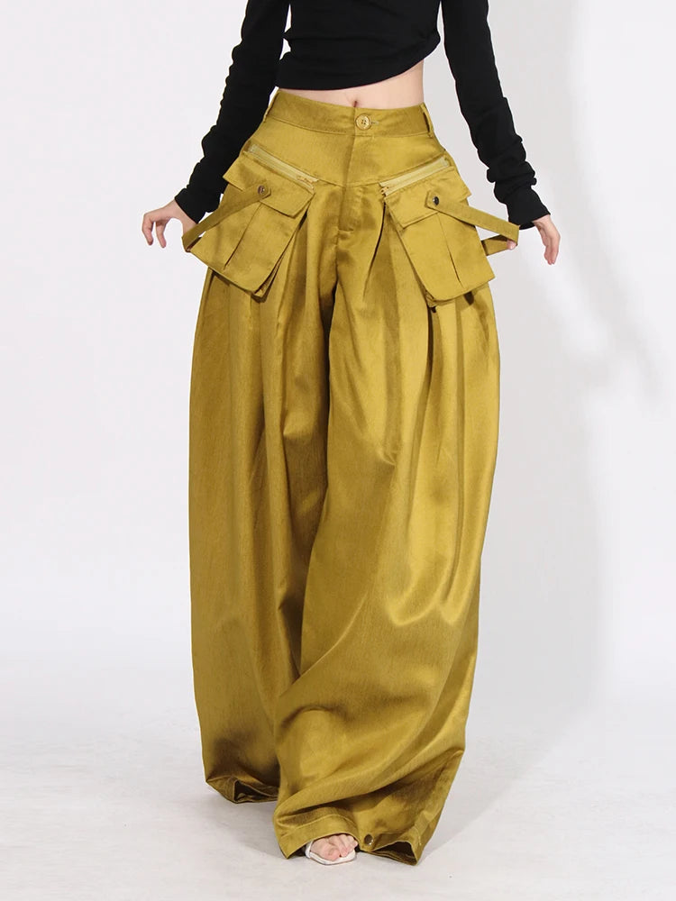 Stylish Floor Length Wide Legged High Waisted Loose Pants With Hanging Pockets