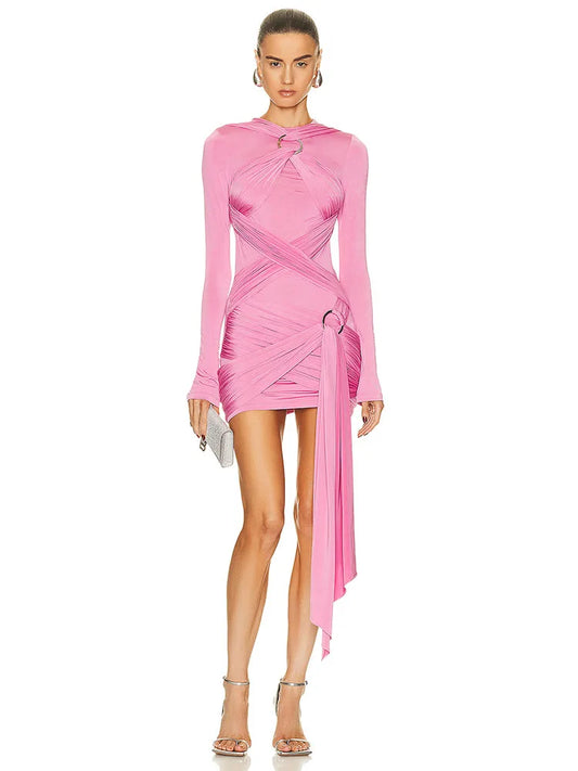 Women's Long Sleeve  Draped Pink Mini Dress