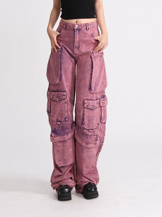 Acid-Wash Pink Utility Cargo Jeans