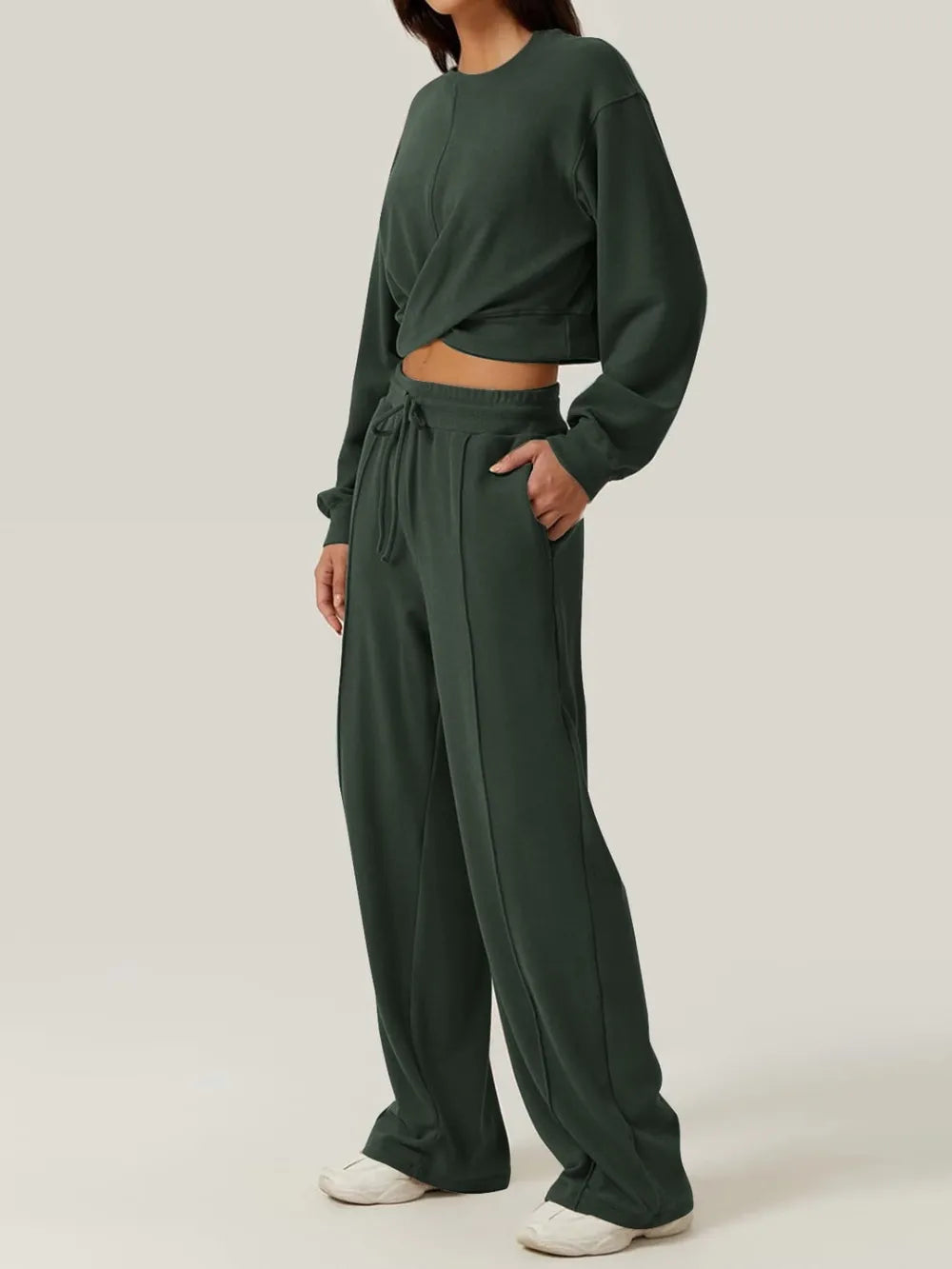 Twist-Front Pastel Knit Lounge Set – Cozy Crewneck Sweater & Drawstring Wide-Leg Pants