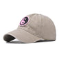 Distressed Pure Cotton  Baseball Cap with an Embroidered Pink and Black Yin-Yang Logo