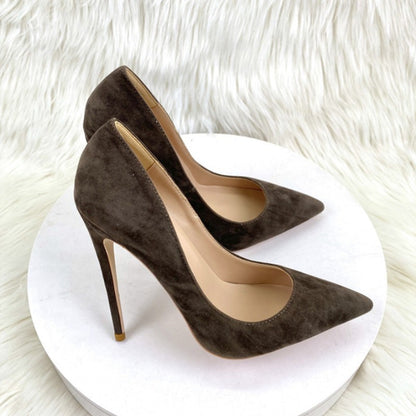Cocoa Suede Pointed-Toe Stiletto Pumps