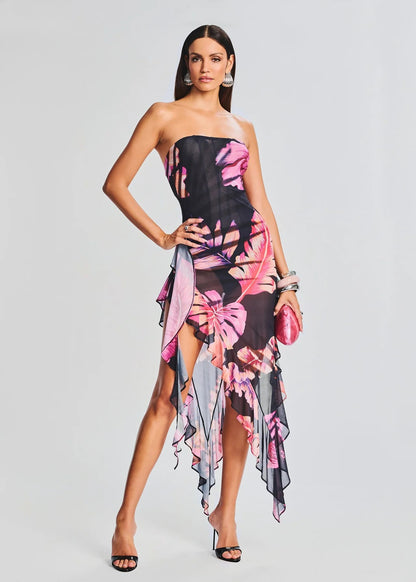 Sleeveless Slim Fitting Print Dress with a Thigh Slit and Asymmetrical Hem