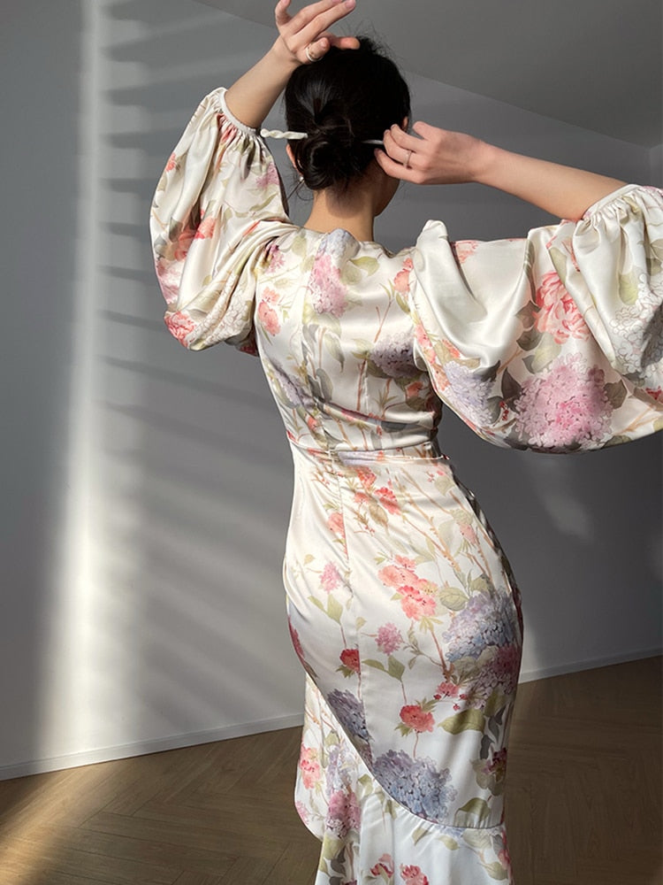 Vintage Print  Round Neck Lantern Sleeve  Ruched Midi Dress