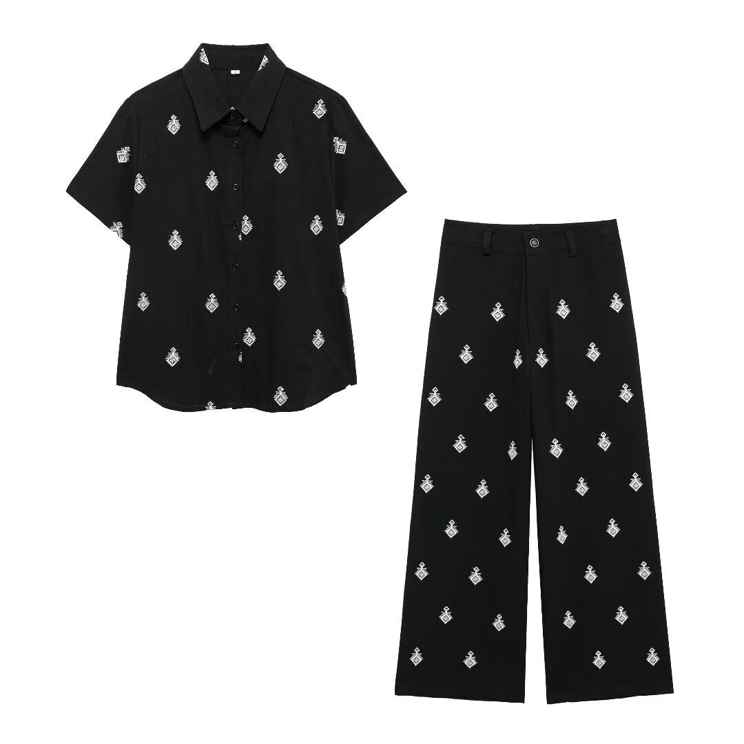 Embroidered Geo-Motif Linen-Blend Shirt & Wide-Leg Trouser Set
