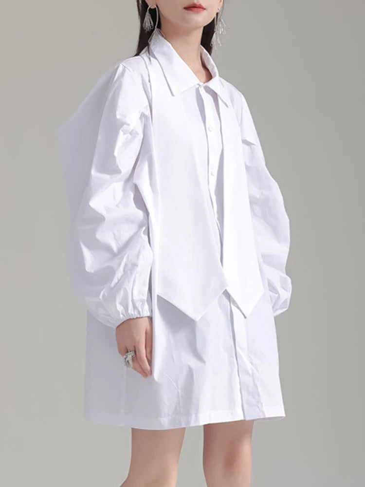 Stylish Shirt Dress for Women With Oversized Tie and Puff Sleeves, Available in Black and White