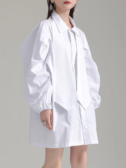 Stylish Shirt Dress for Women With Oversized Tie and Puff Sleeves, Available in Black and White