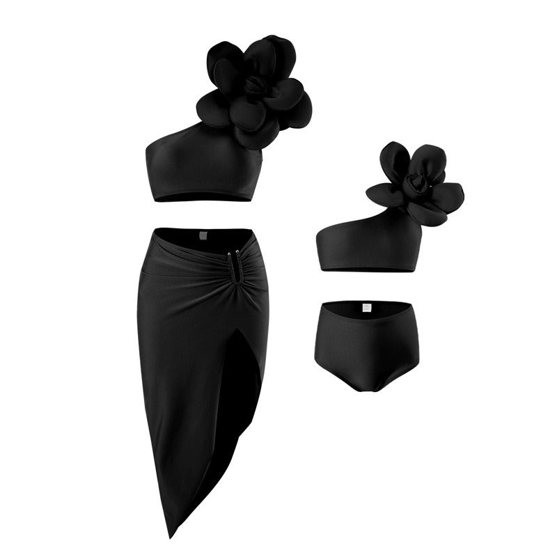 Bold Bloom 3-Piece  3-D Floral Bikini Set with Skirt – Asymmetrical One-Shoulder