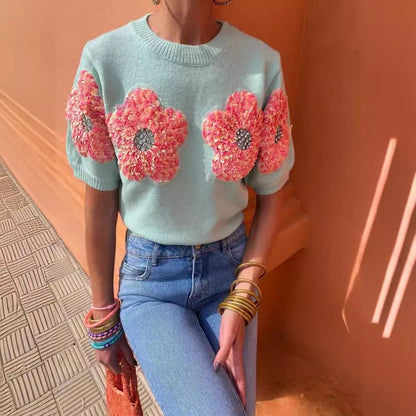 Short-Sleeved Sweater With Sweet Pink Flower Design