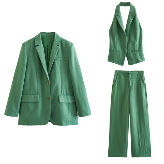 New Linen-blend Office Chic Green  Three-Piece Suit. Jacket+ Vest+ Elegant Pants