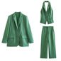 New Linen-blend Office Chic Green  Three-Piece Suit. Jacket+ Vest+ Elegant Pants