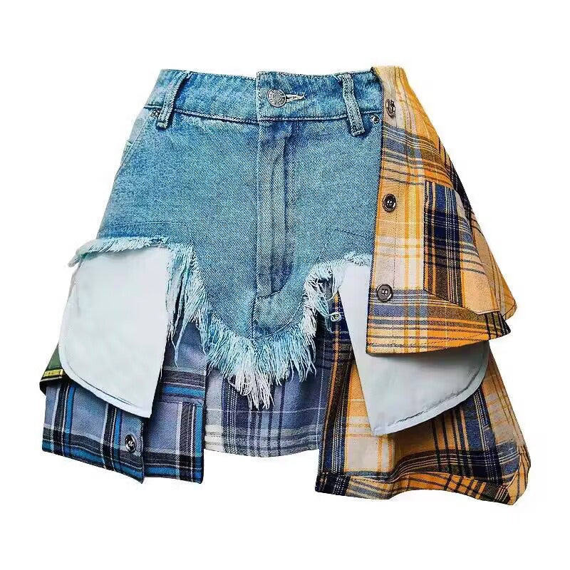 Funky Short High Waisted Denim Skirt with Plaid Patchworks