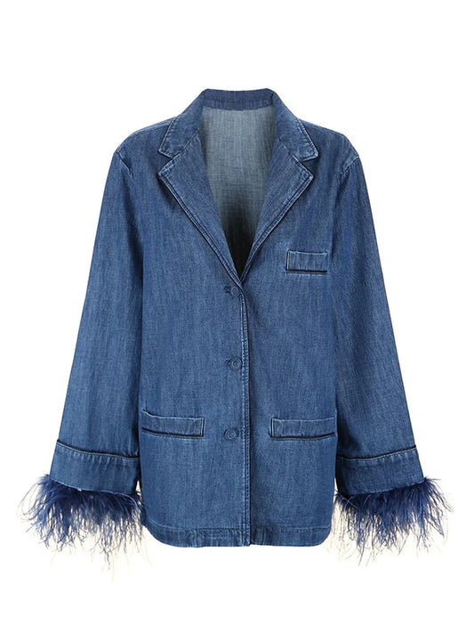 Denim Feather-Cuff Blazer & Wide-Leg Drawstring Pants Set