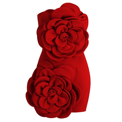 Stunning Strapless Figure Hugging Mini Dress Adorned with 3 D  Flowers