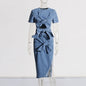 Trendy Round Neck Denim  Cropped Top+Denim  Skirt Two-piece Set With Bow Ties Design Details