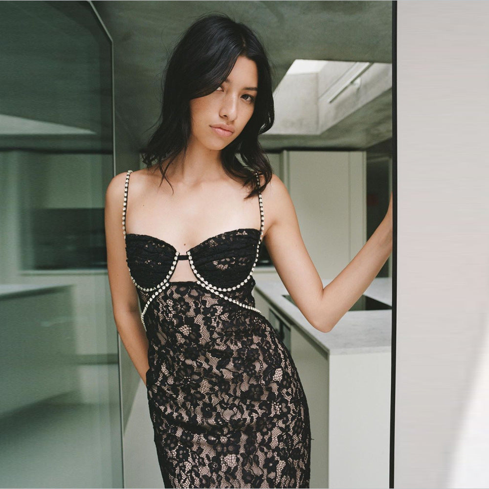 Midnight Elegance Black Lace Pearl-Trim Dress
