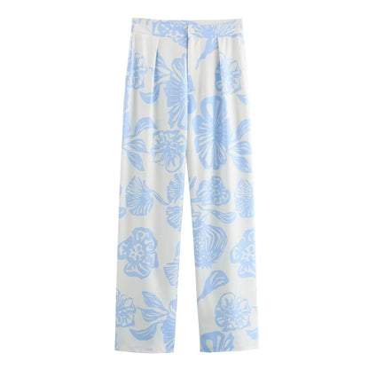 Sky-Blue Floral Two-Piece Shirt & Trousers Set