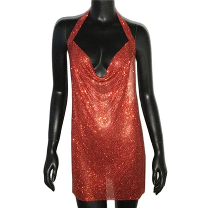 Sparkling Rhinestone Halter Neck Side Split Sleeveless Party Mini Dress