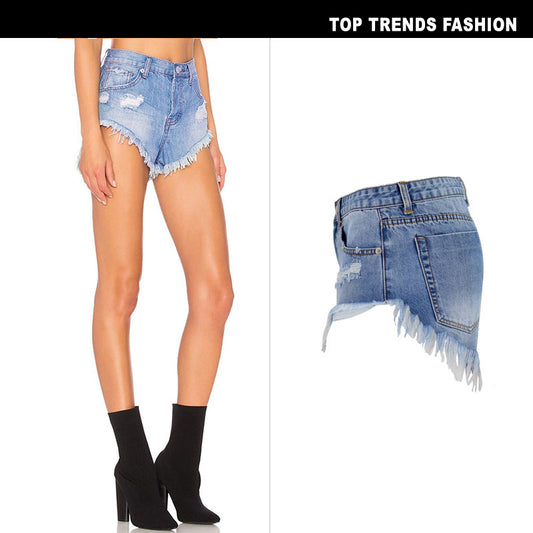 Women's High-Waisted  Washed And Polished Jean Short Shorts with Fringe