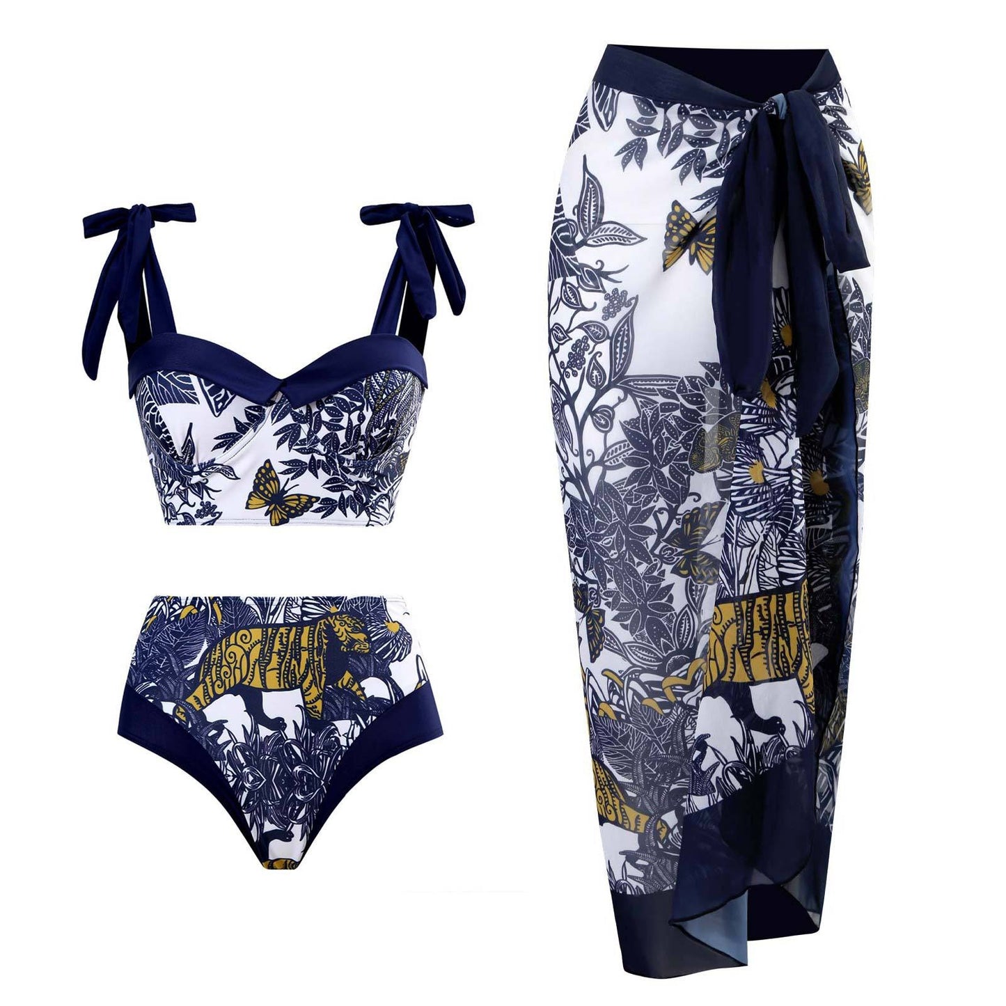 Three-piece Set of Retro Style Print Swimsuits Paired with a Matching Sarong in Multiple Designs