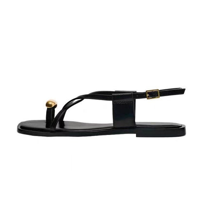 Celeste Metallic-Bead Ankle-Strap Leather Flats