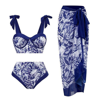 Three-piece Set of Retro Style Print Swimsuits Paired with a Matching Sarong in Multiple Designs