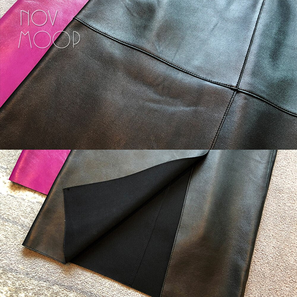 Sleek Genuine Leather Pencil Skirt with Front Slit – Available in Magenta Purple & Classic Black