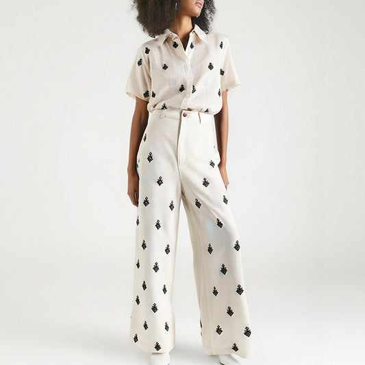 Embroidered Geo-Motif Linen-Blend Shirt & Wide-Leg Trouser Set