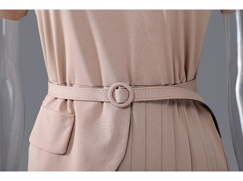 Belted  Apricot and Black Pleated Midi Dresses– Sophisticated, Structured, and Effortlessly Chic
