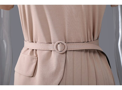 Belted  Apricot and Black Pleated Midi Dresses– Sophisticated, Structured, and Effortlessly Chic